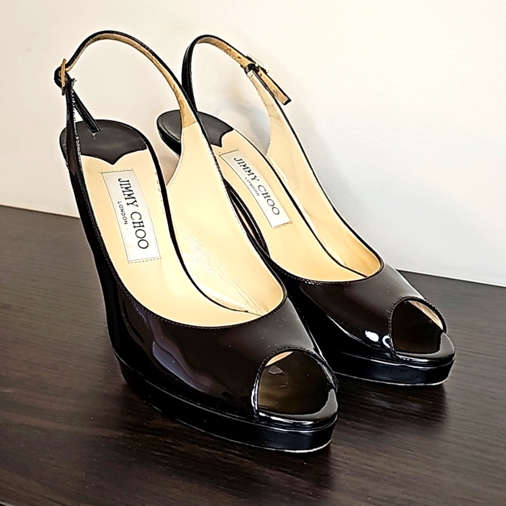 Jimmy Choo Black Patent Slingback Heels Pumps